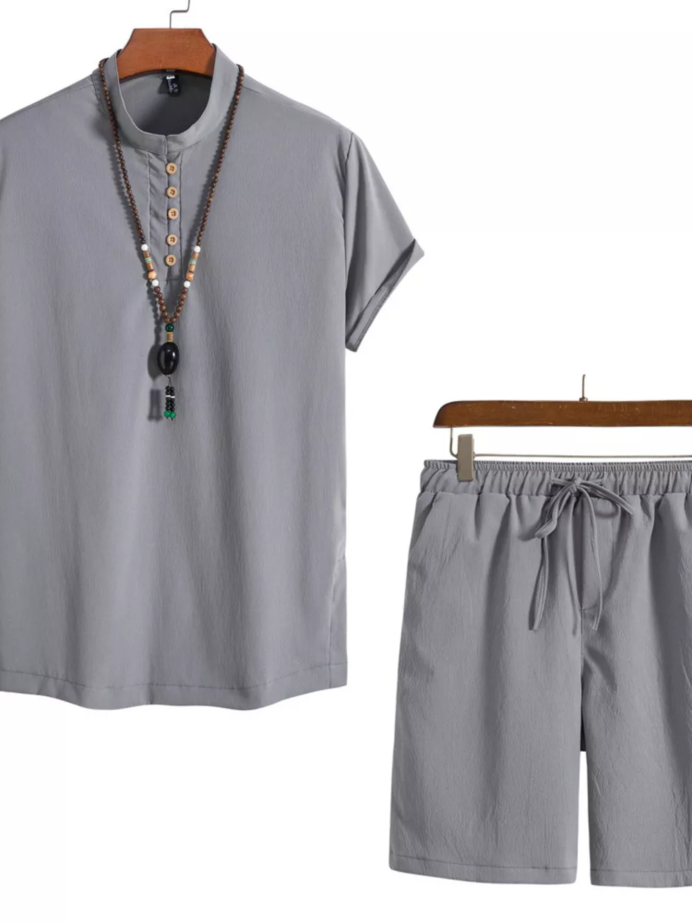 Men's Plus Size Casual Mandarin Collar Short Sleeve Shirt and Shorts Set, image 5