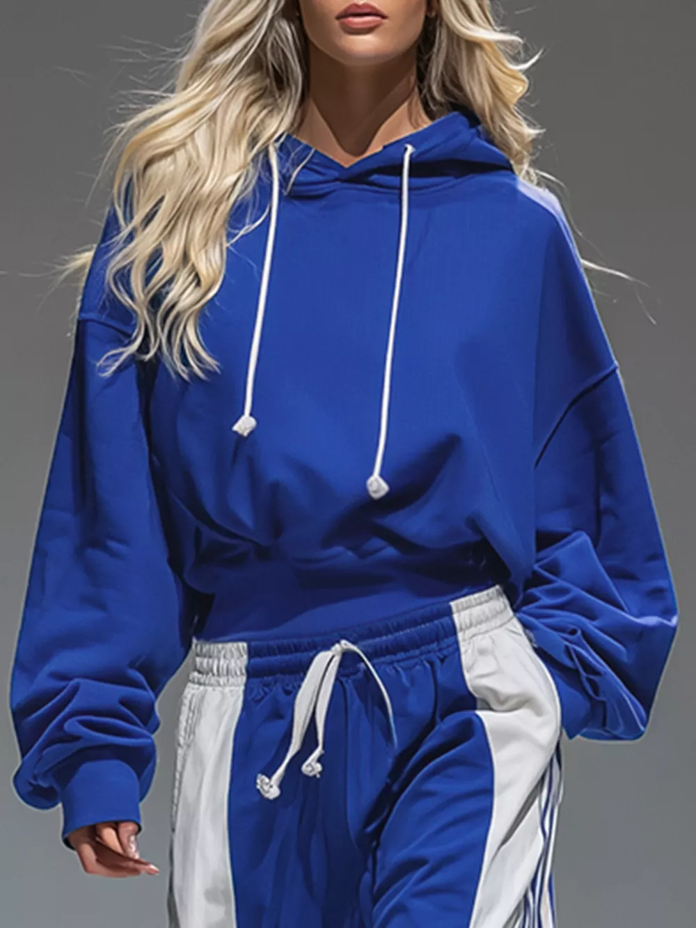Drawstring Hoodie and Color-Block Wide-Leg Pants Set, image 2