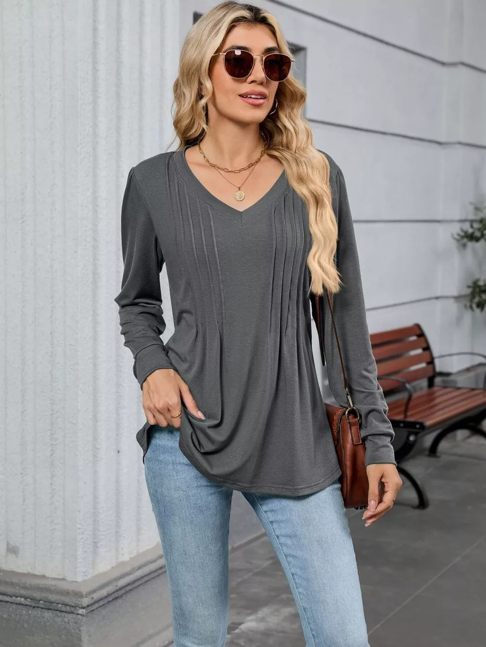 V-Neck Long Sleeve Relaxed Fit T-Shirt, image 7