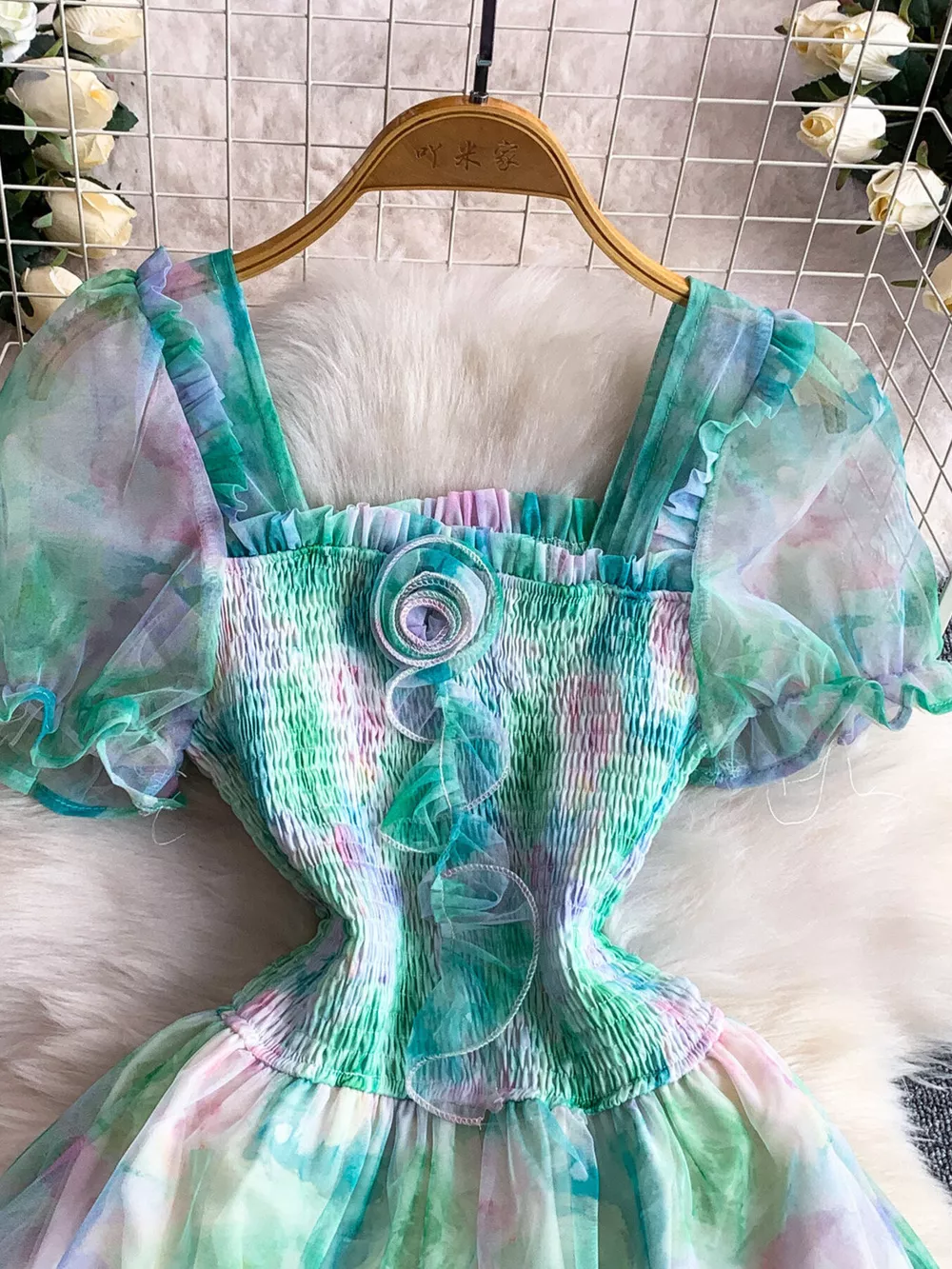 Smocked Floral Tiered Mesh Midi Dress, image 12