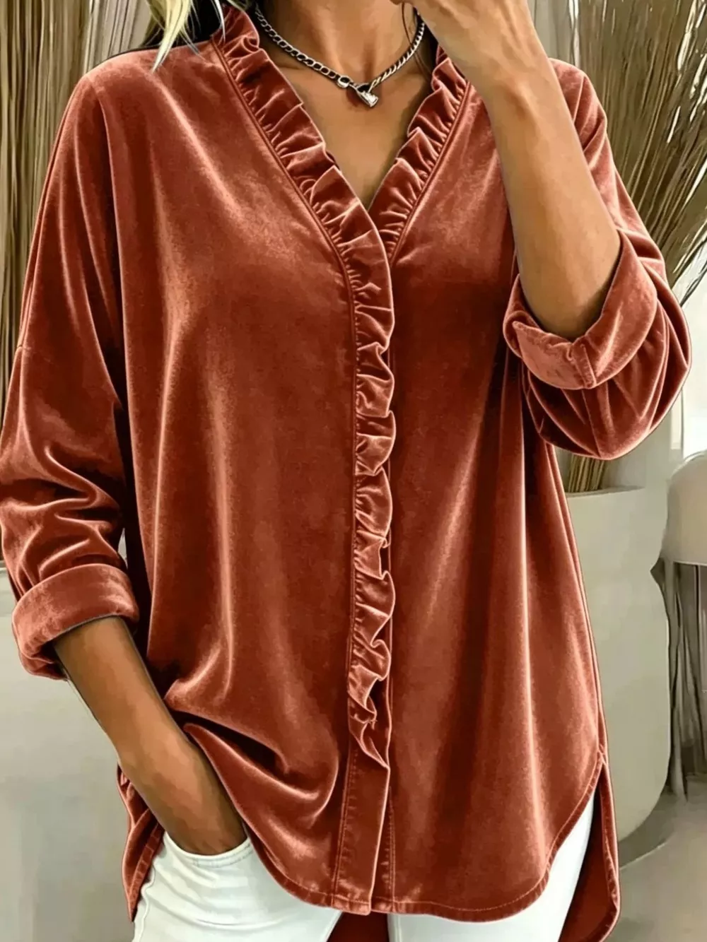 Velvet Frill V-Neck Blouse, image 5