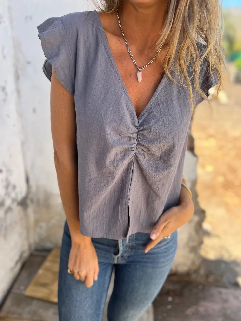 Full Size Ruched V-Neck Cap Sleeve Blouse Plus Size, image 10