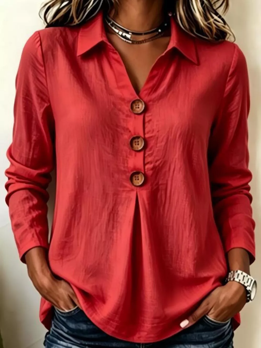 Full Size Button Detail Long Sleeve Blouse Plus Size, image 10
