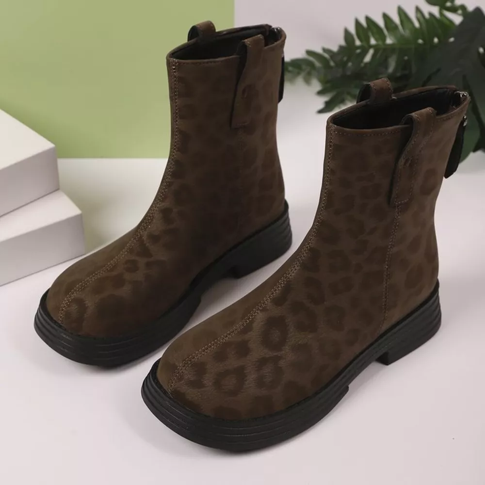 Leopard Round Toe Block Heels Boots, image 3