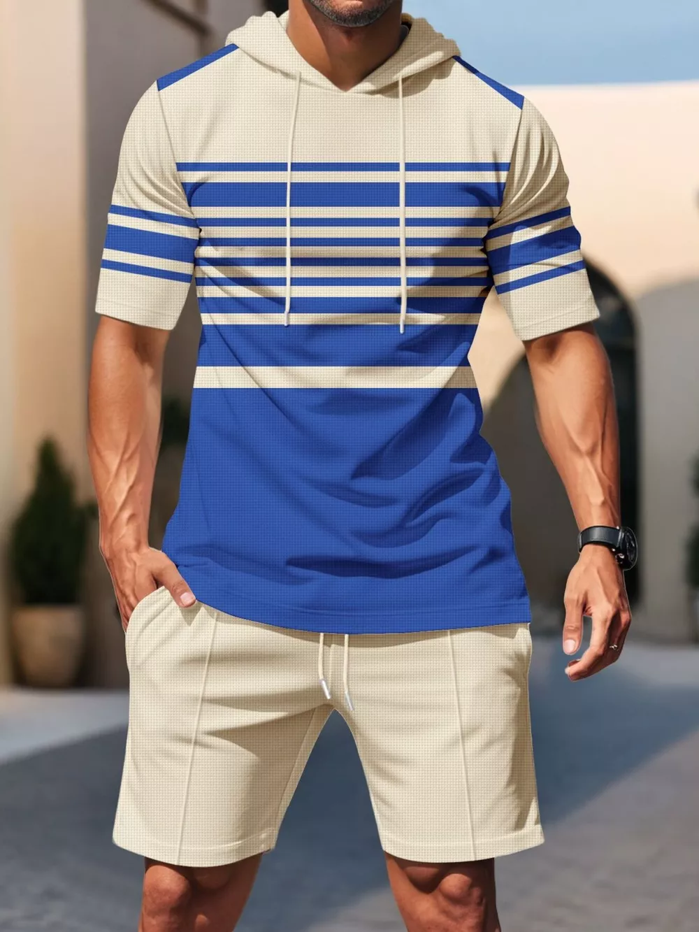 Men's Full Size Striped Short Sleeve Hoodie and Shorts Set Plus Size, image 5