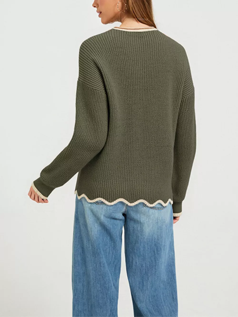 Contrast Trim Scalloped Hem Ribbed Knit Sweater, image 7
