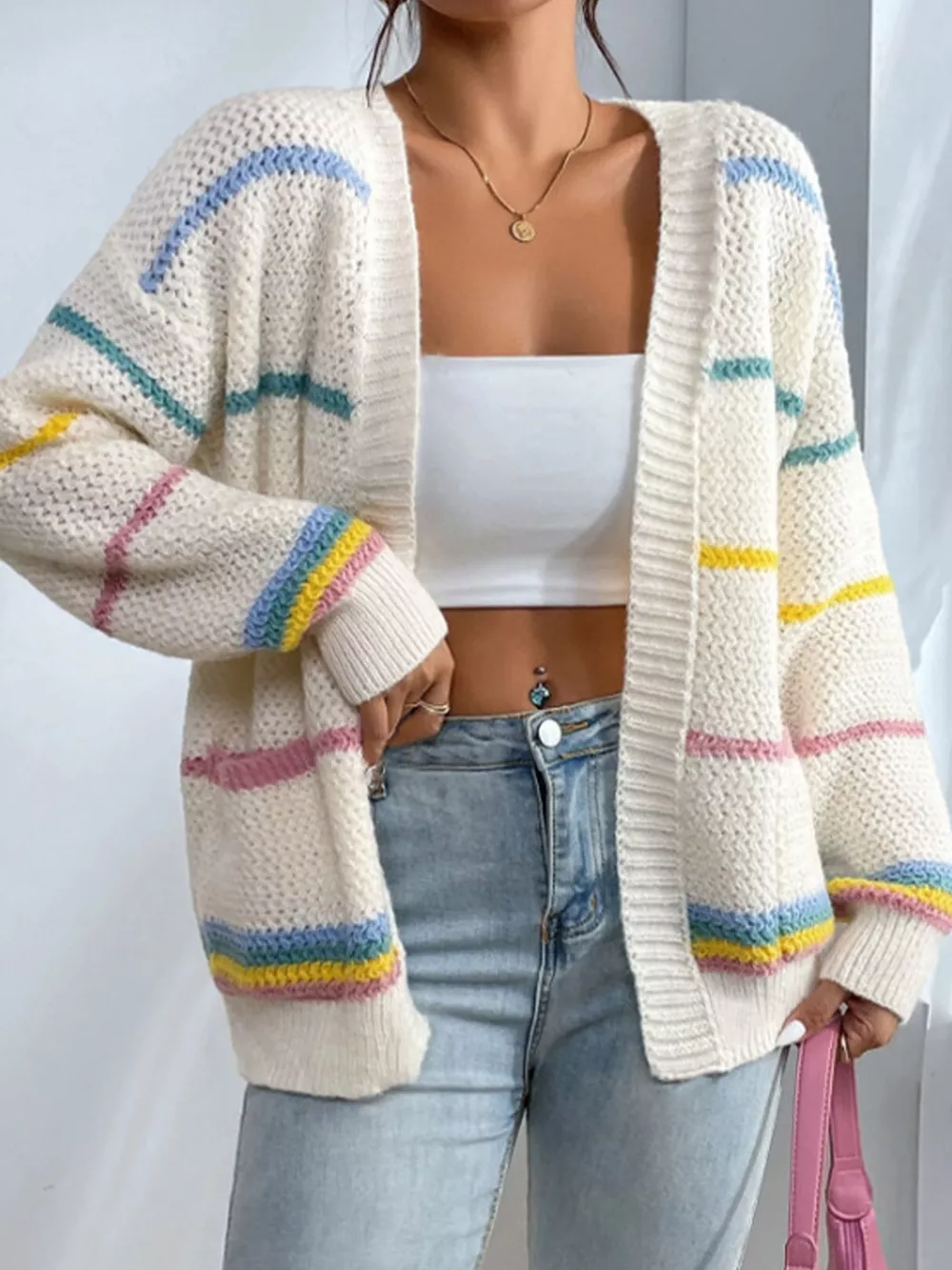 Striped Open Front Knit Cardigan, image 6
