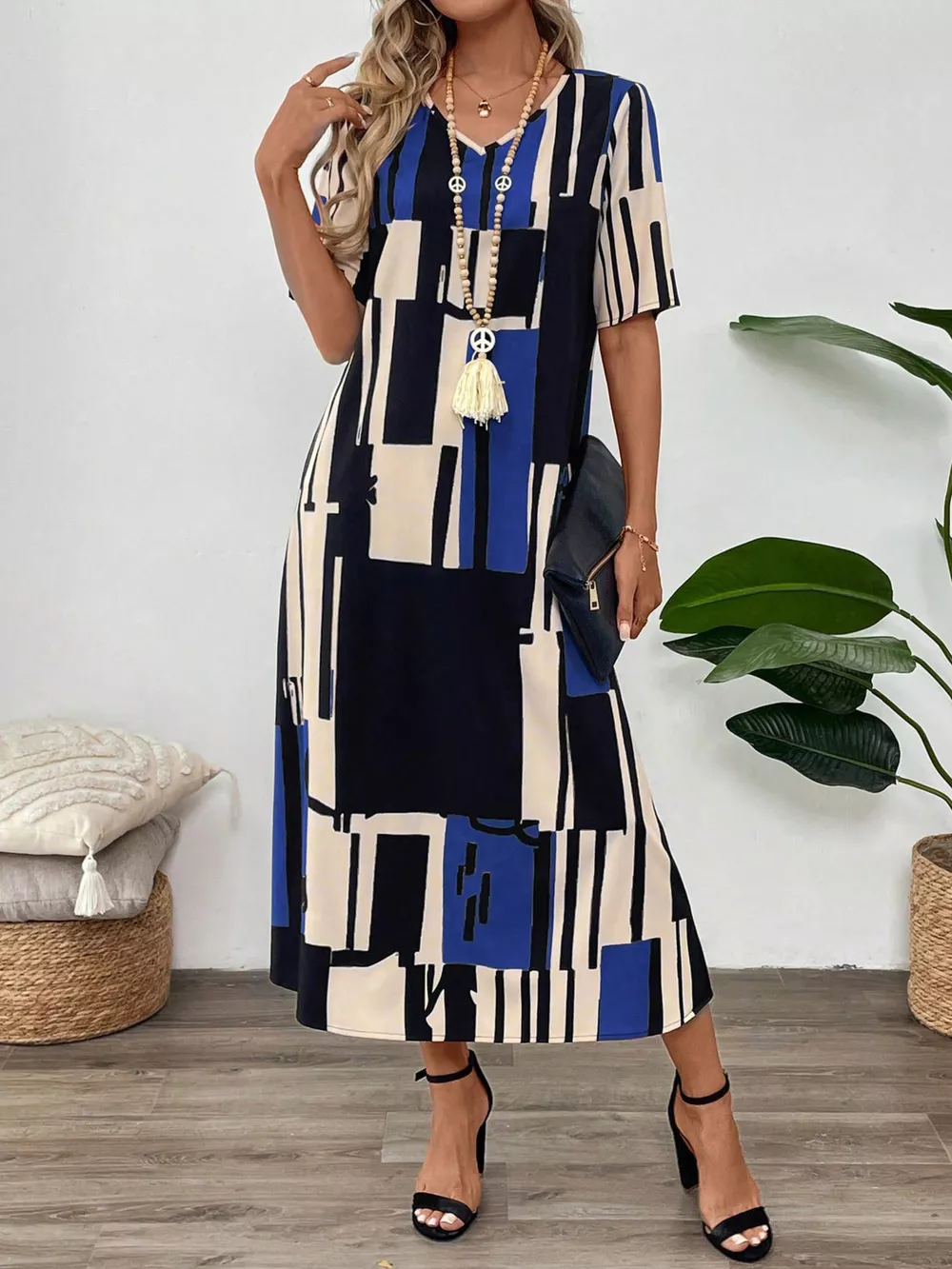 Abstract Geometric Print V-Neck Midi Dress, image 8