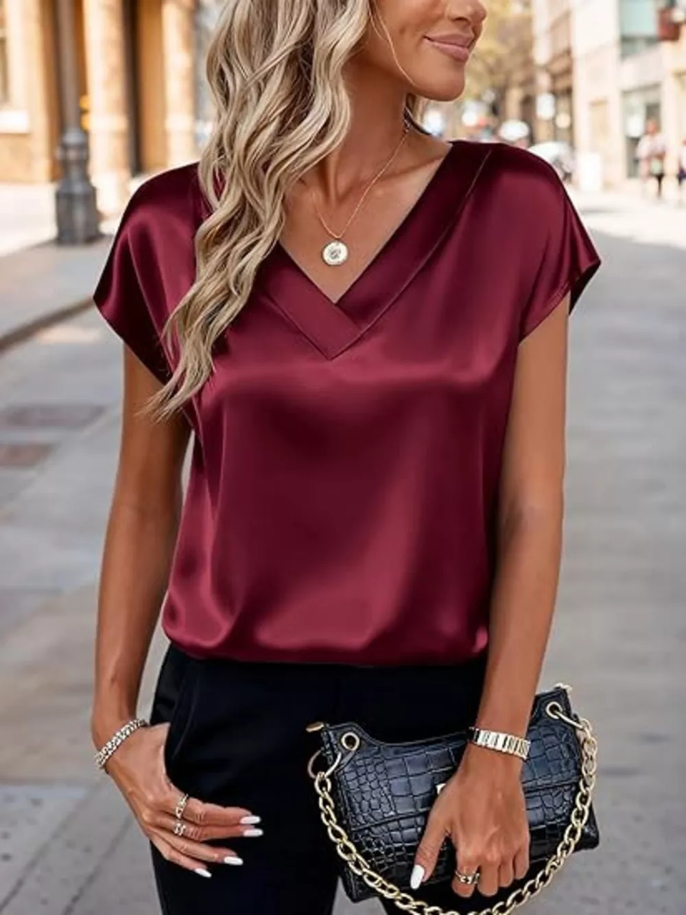 Satin V-Neck Short Sleeve Blouse, image 25