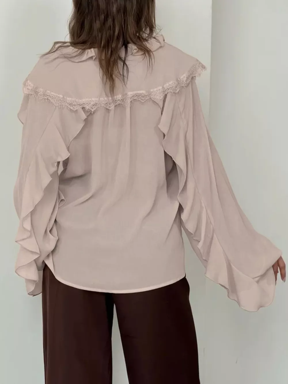V-Neck Ruffled Lace Trim Blouse, image 3