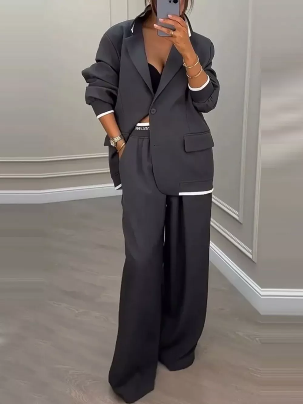 Full Size One Button Blazer and Wide-Leg Pants Set Plus Size, image 9