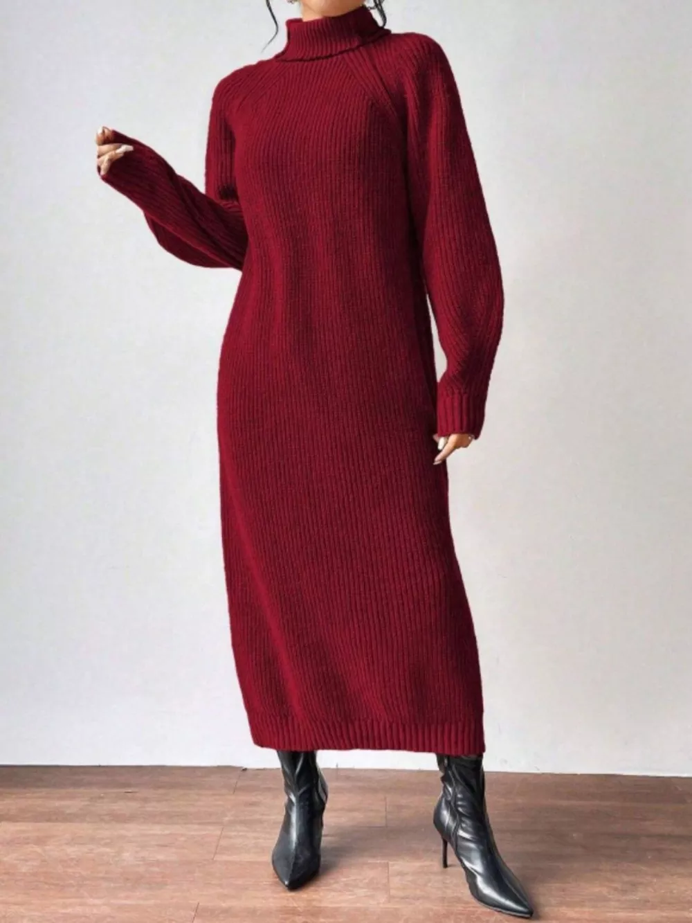Turtleneck Ribbed Knit Midi Sweater Dress, image 6