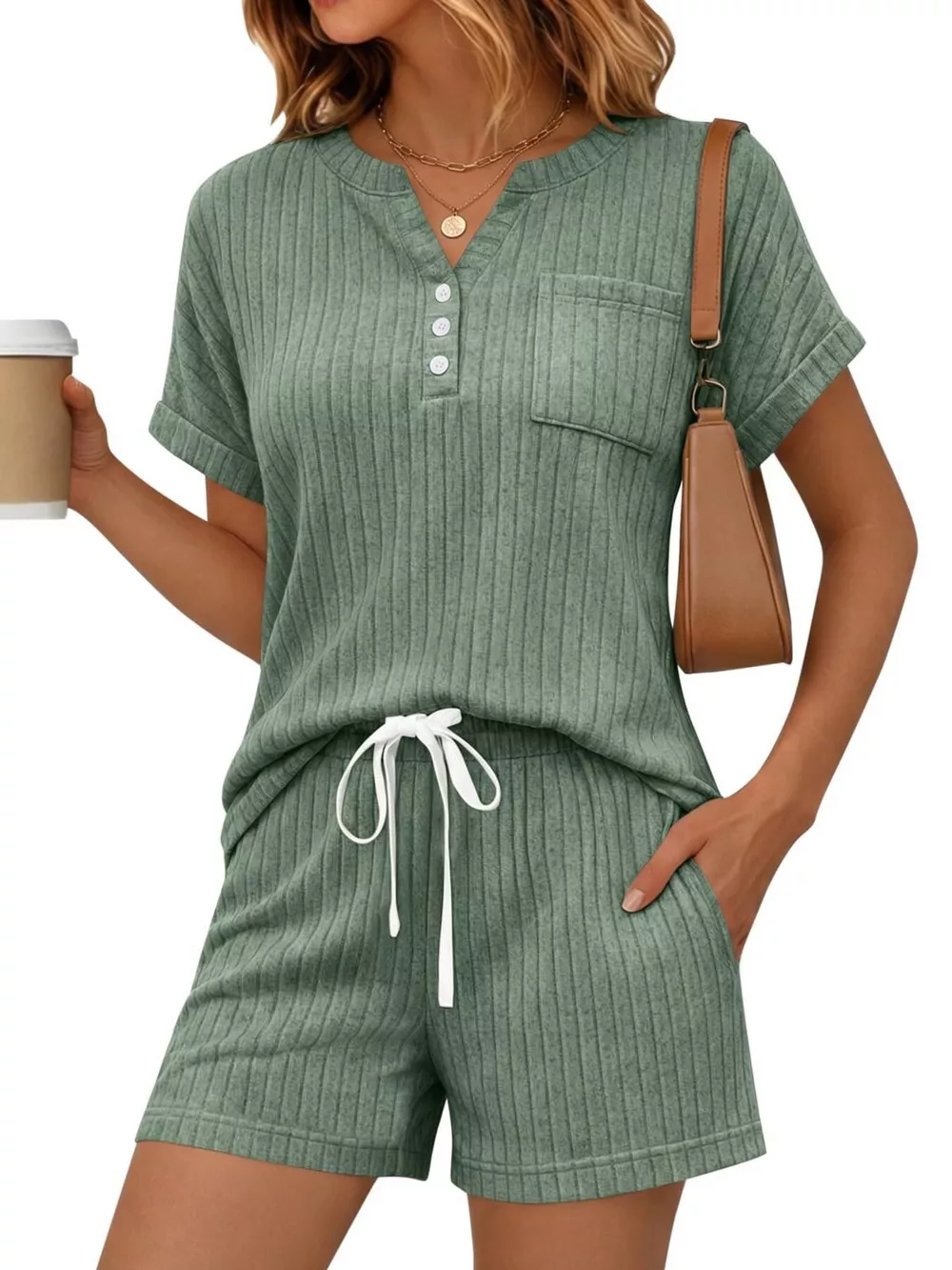 Casual Ribbed Knit Tee and Shorts Set, image 2
