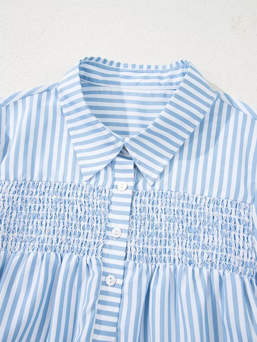 Stripe Shirred Detail Half Placket Collared Long Sleeve Shirt, image 12