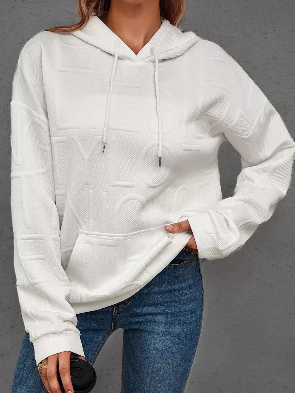 Full Size Textured Embossed Long Sleeve Hoodie Plus Size, image 3