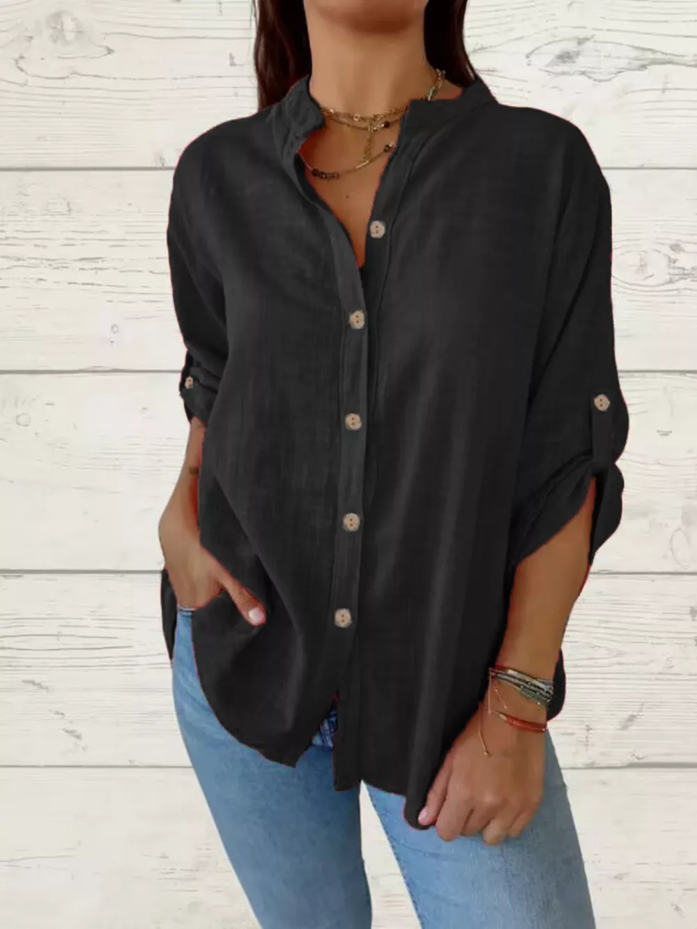 Full Size Casual Button-Down Roll-Up Sleeve Shirt Plus Size, image 4