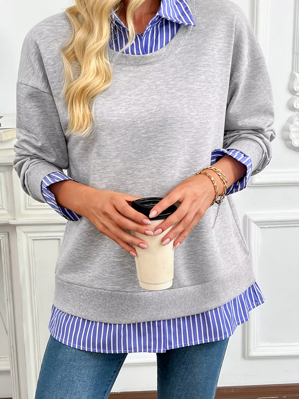Striped Collar 2-in-1 Patchwork Casual Loose Sweatshirt, image 2
