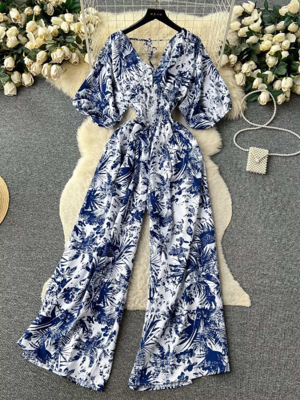 Smocked V-Neck Wide Leg Jumpsuit, image 28