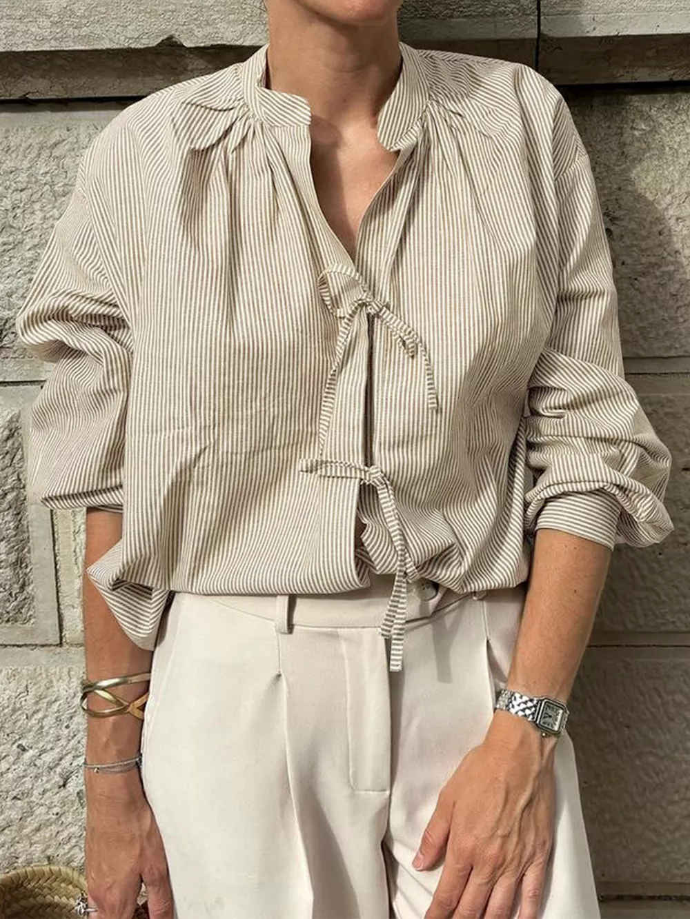 Striped Tie-Front Long Sleeve Shirt
