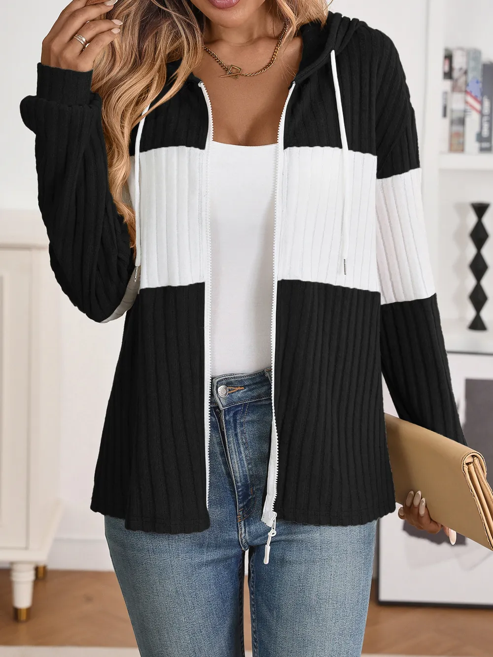 Drawstring Color Block Zip Up Outerwear, image 4