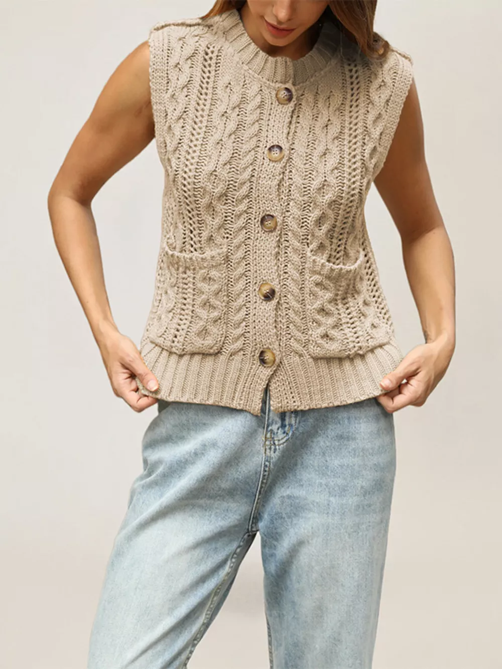 Cable-Knit Button-Down Sweater Vest, image 3