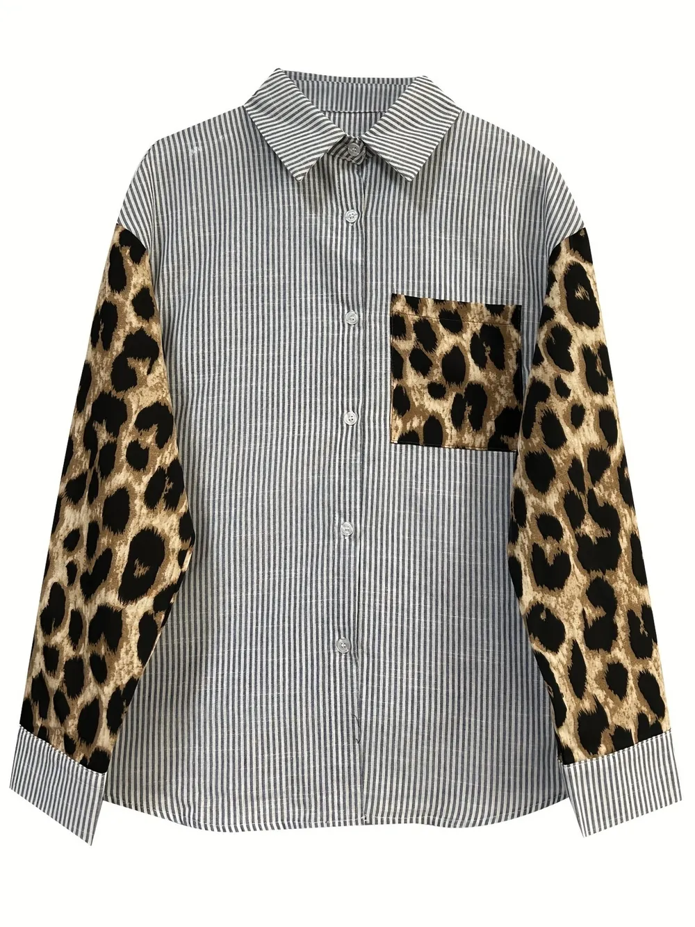 Leopard Print Sleeve Striped Button-Down Shirt, image 5