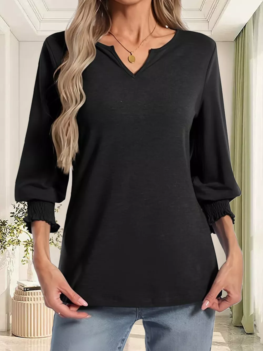 Full Size Notched 3/4 Sleeve Top Plus Size, image 6