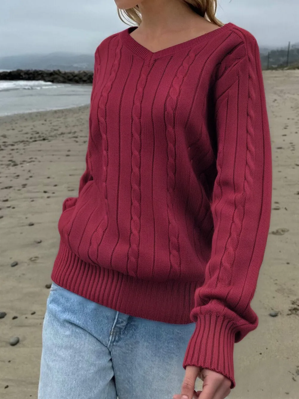 Cable Knit V-Neck Pullover Sweater, image 13
