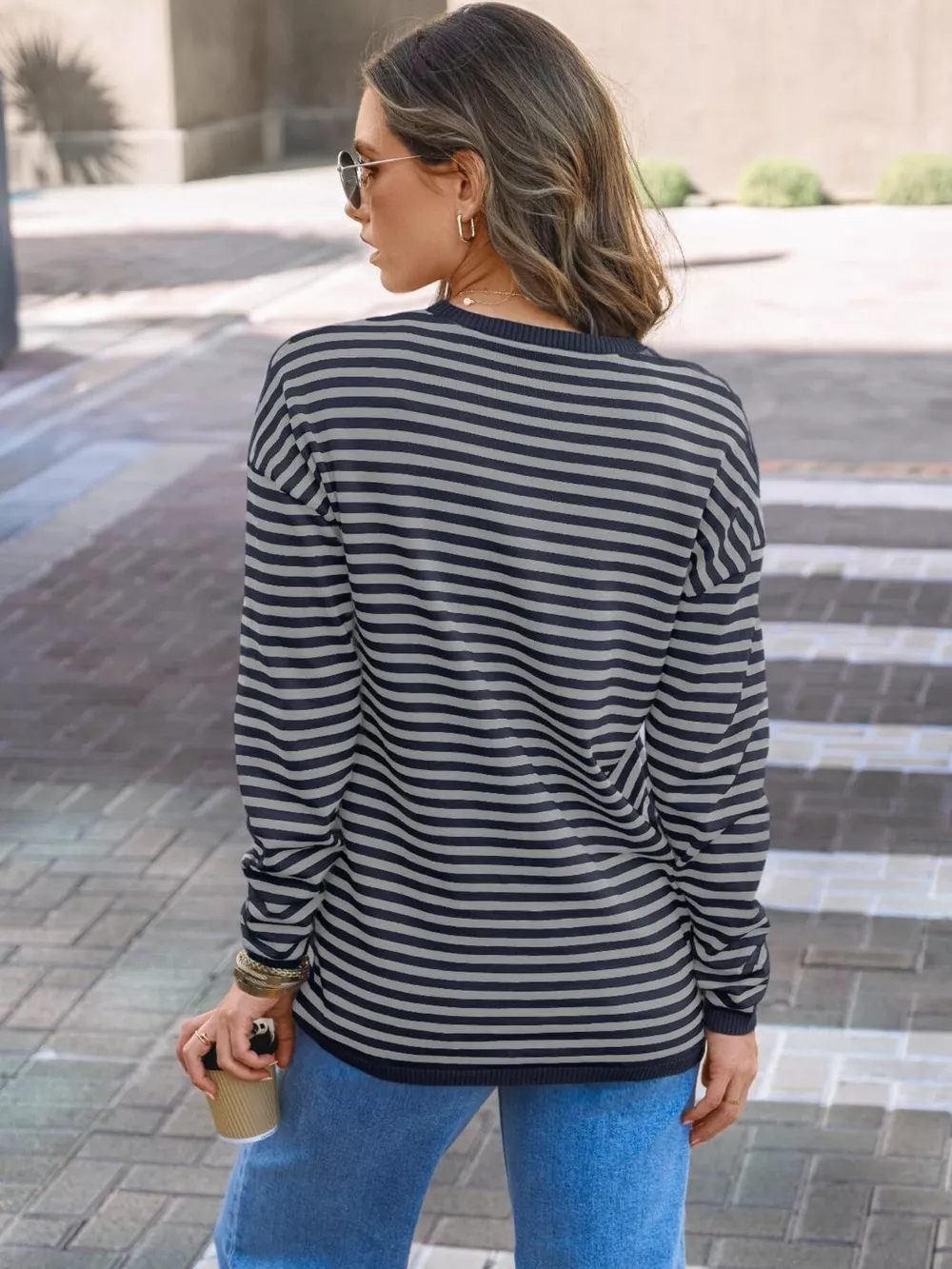 Striped Round Neck Long Sleeve Knit Top, image 2