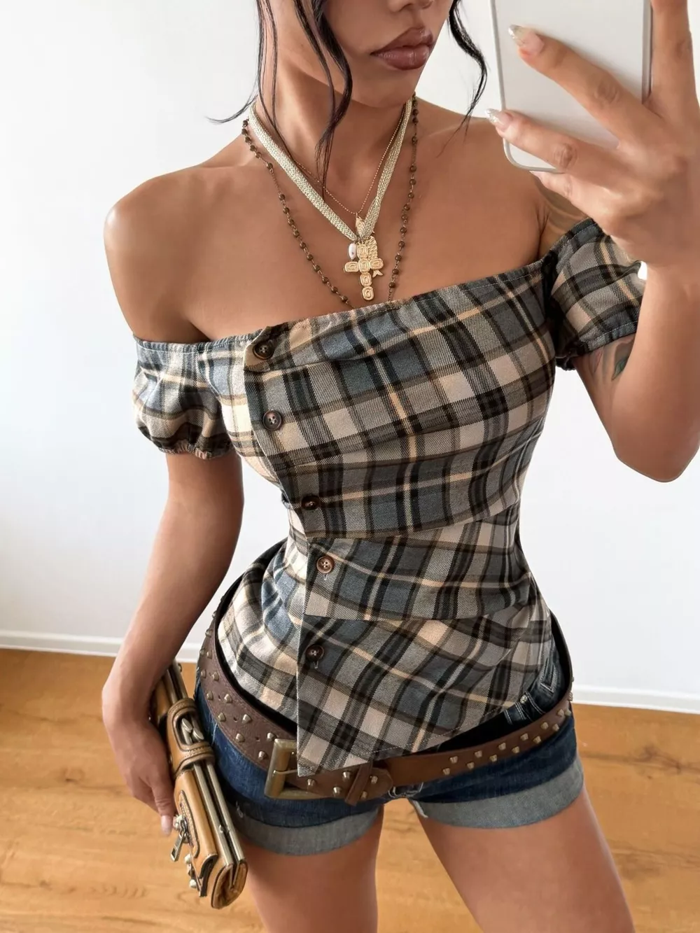 Off-Shoulder Plaid Blouse