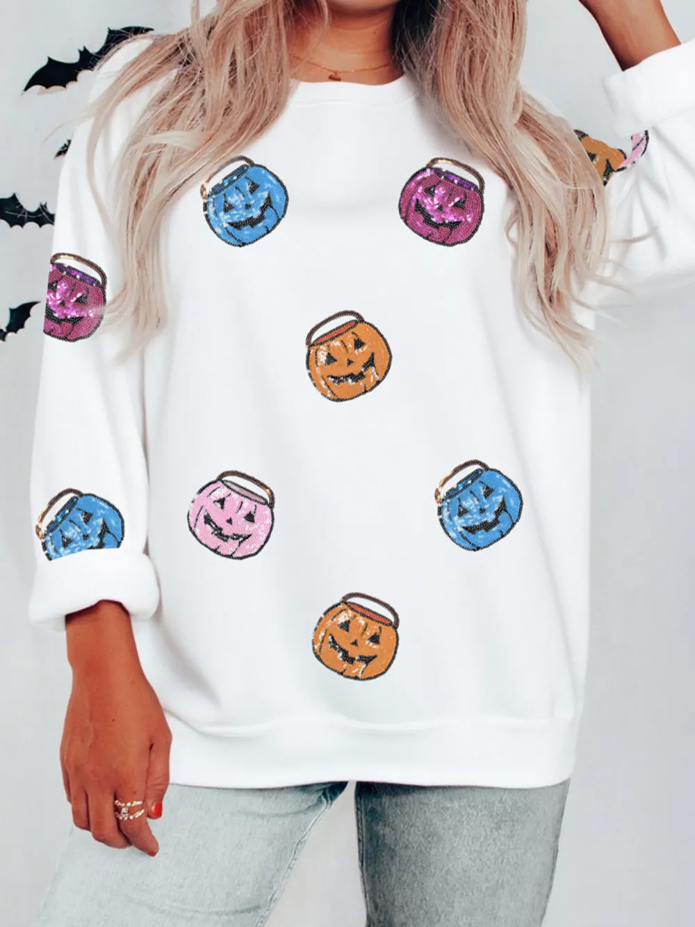 Halloween Pumpkin Lantern Sequin Patched Sweatshirt, image 3