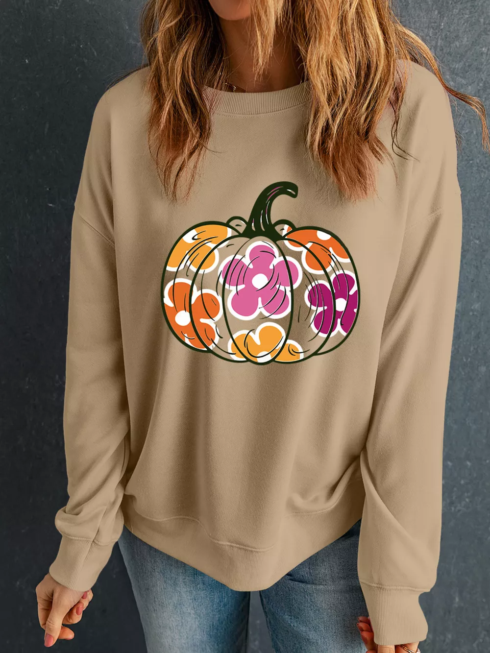 Halloween Floral Pumpkin Graphic Drop Shoulder Sweatshirt, image 3