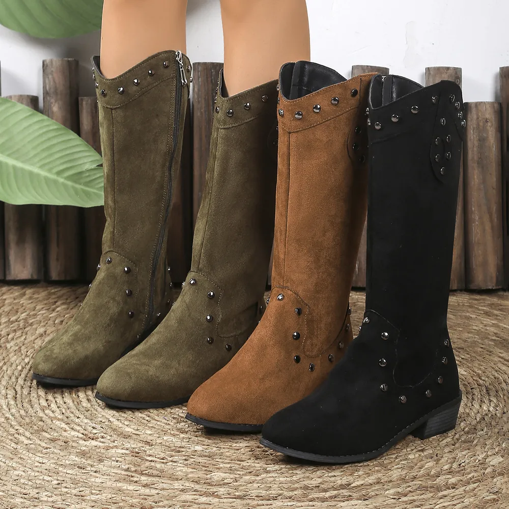 Studded Mid-Calf Boots with Side Zipper Closure, image 2