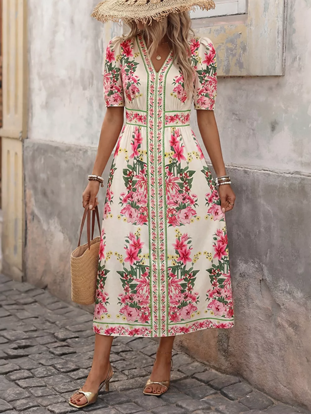 Floral Print V-Neck Midi Dress, image 3