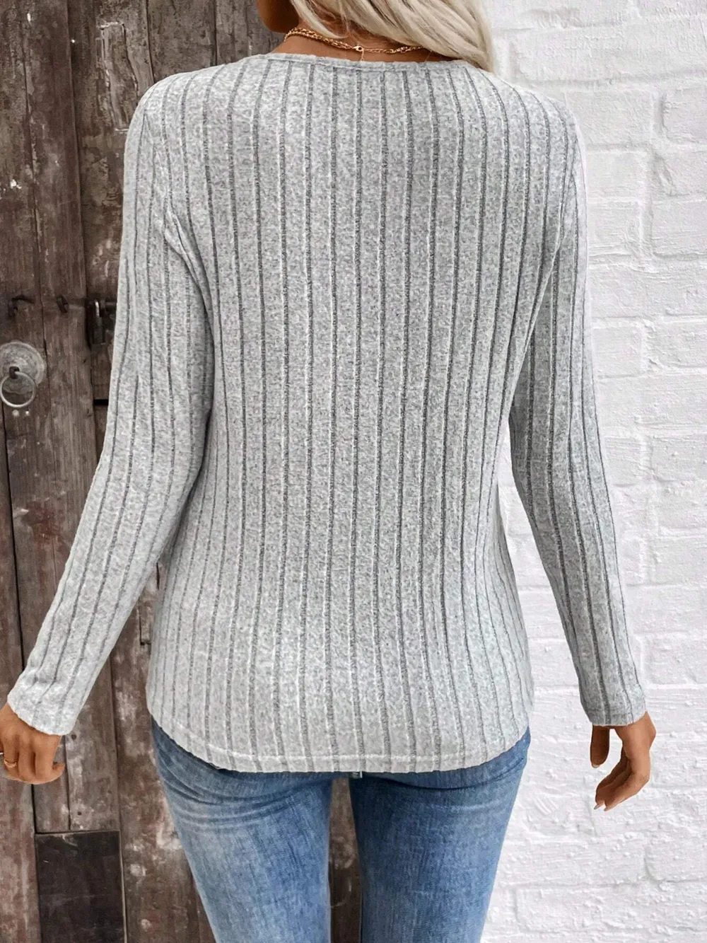Ribbed V-Neck Long Sleeve Knit T-Shirt, image 6