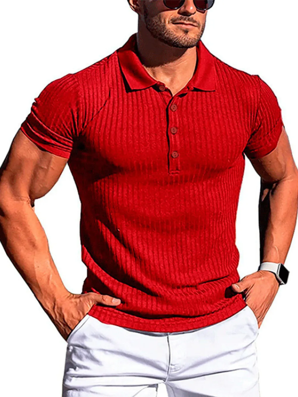 Men's Full Size Ribbed Button Detail Short Sleeve Polo Plus Size, image 3