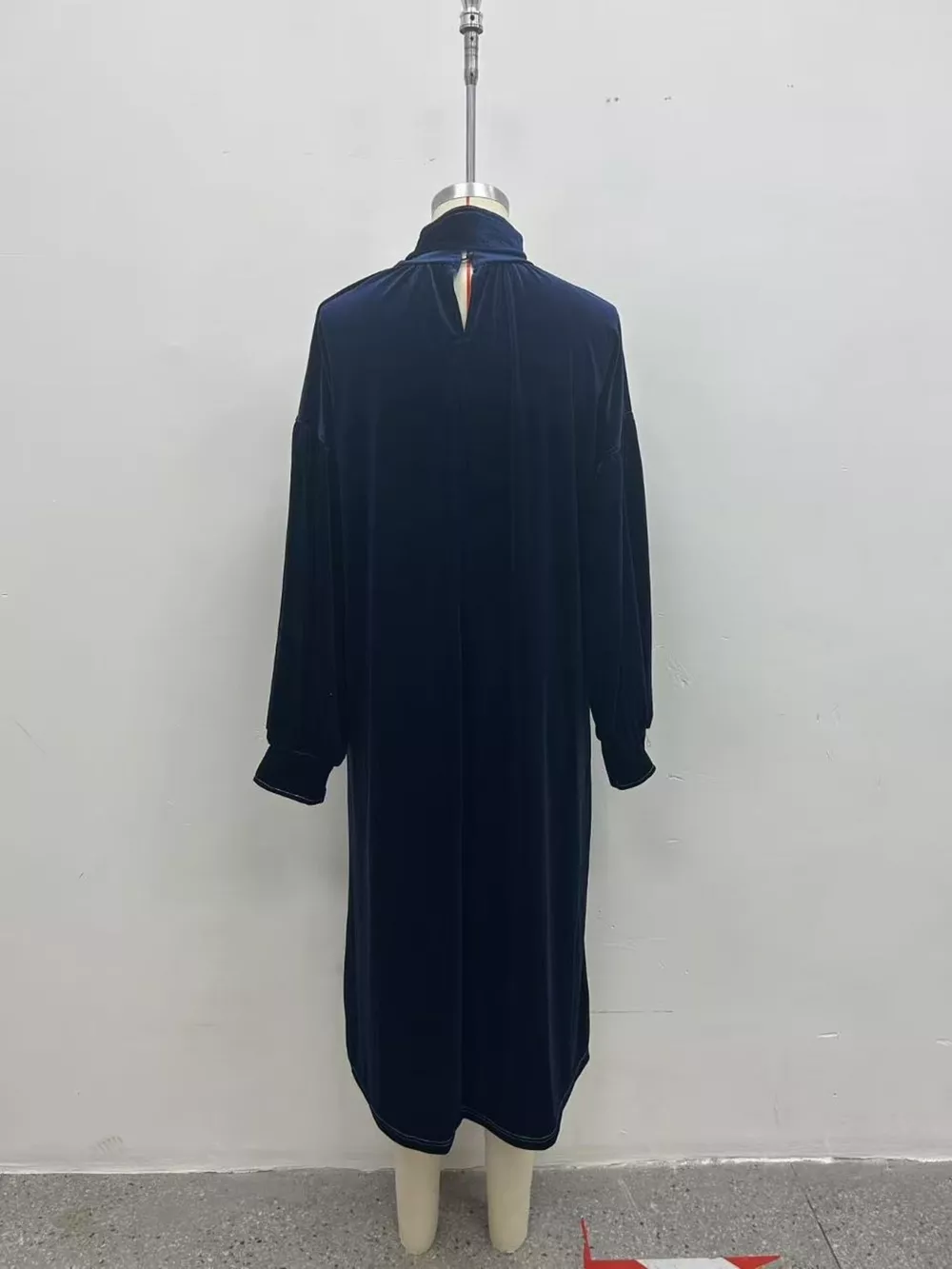 Full Size Velvet Tie-Neck Lantern Sleeve Midi Dress Plus Size, image 15