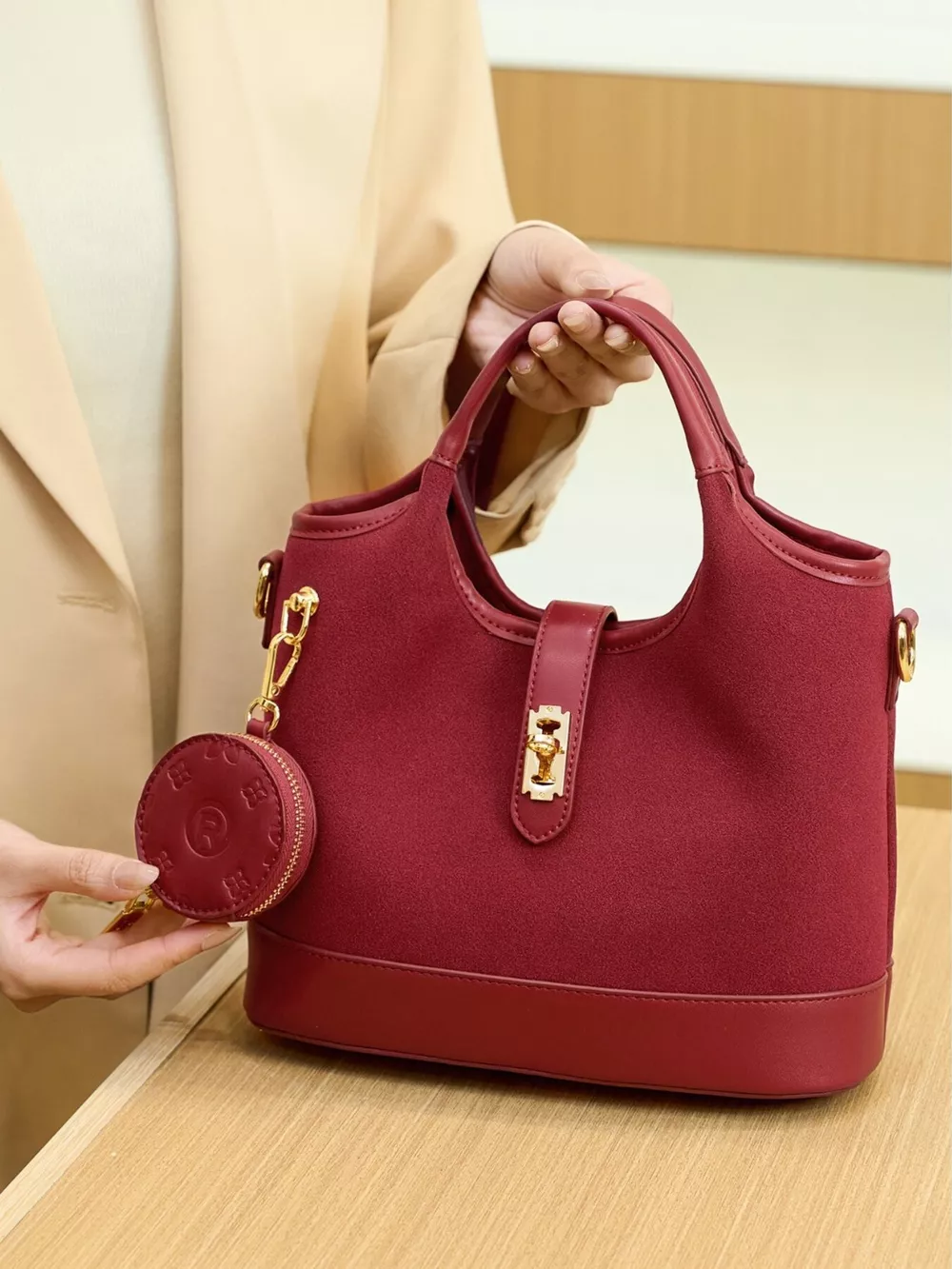 Suede Crossbody Bag with Detachable Coin Pouch, image 8