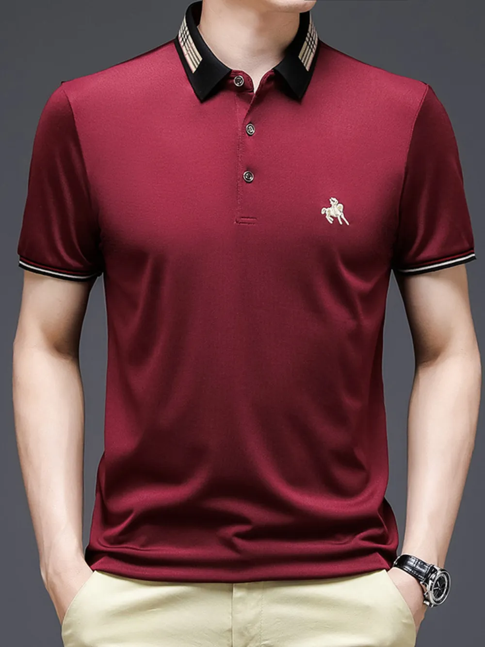 Men's Plus Size Contrast Collar Embroidered Detail Polo, image 3