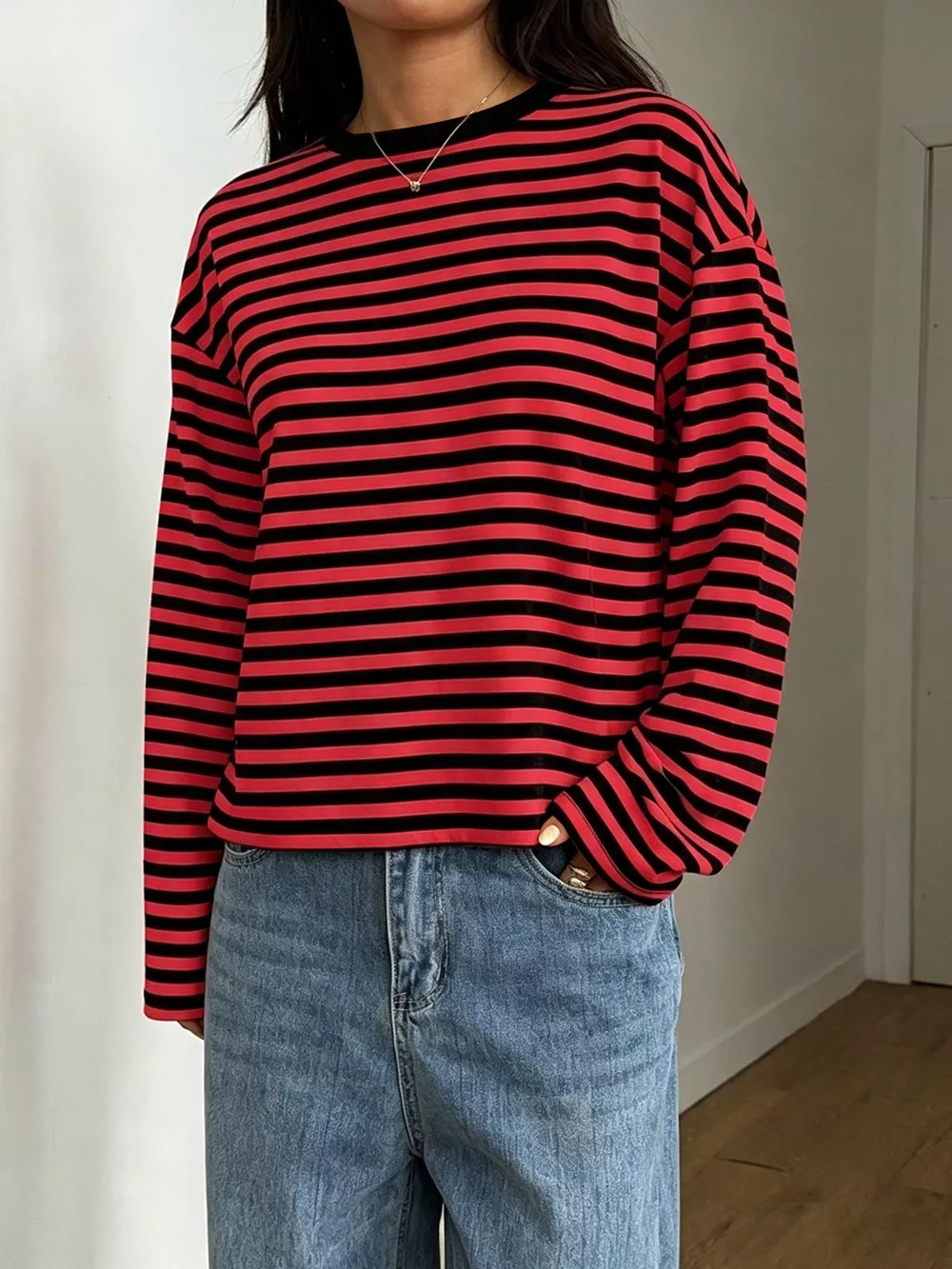 Full Size Casual Long-Sleeve Striped Crew Neck T-Shirt Plus Size, image 3