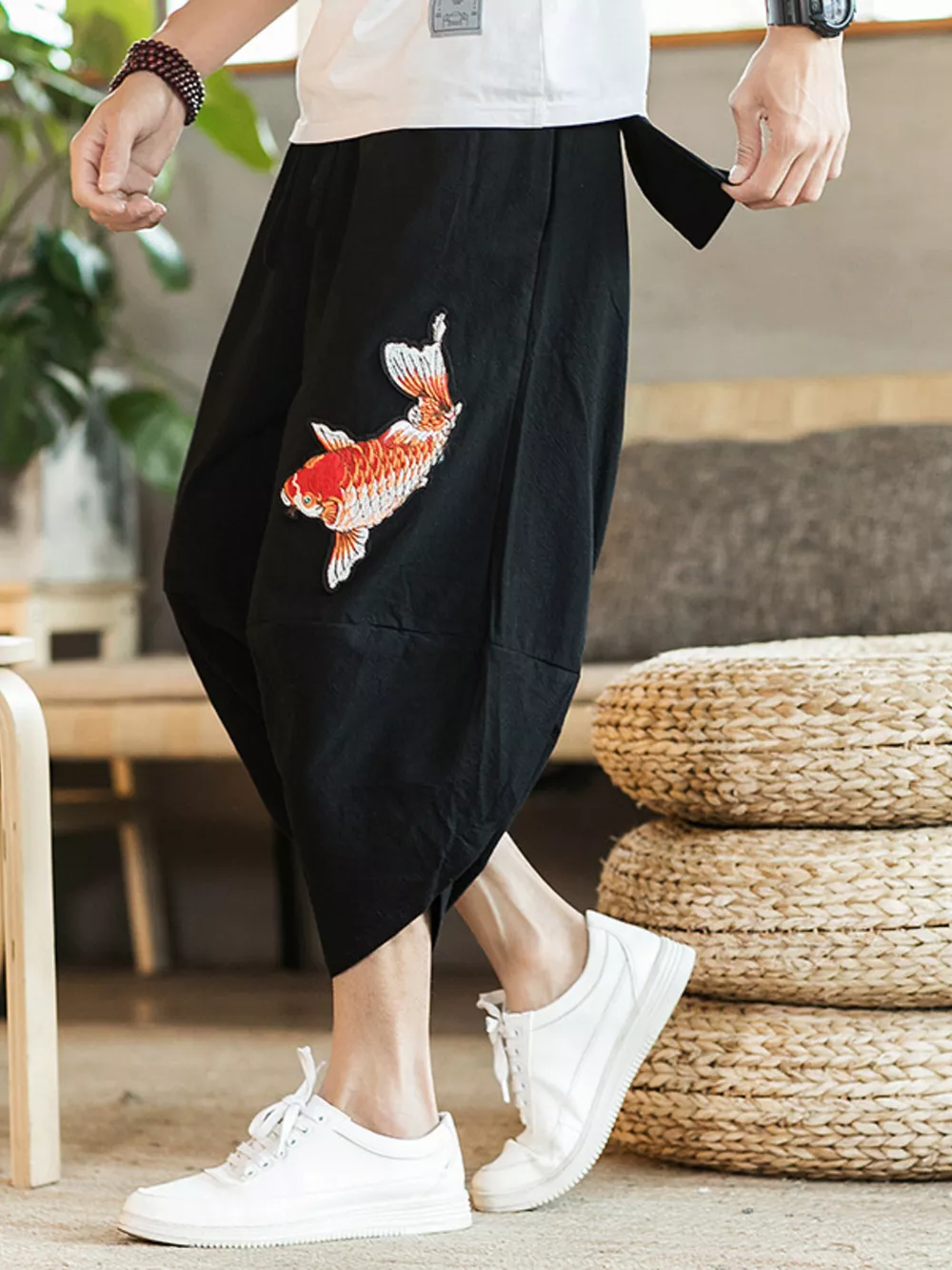 Men's Plus Size Embroidered Koi Fish Harem Pants