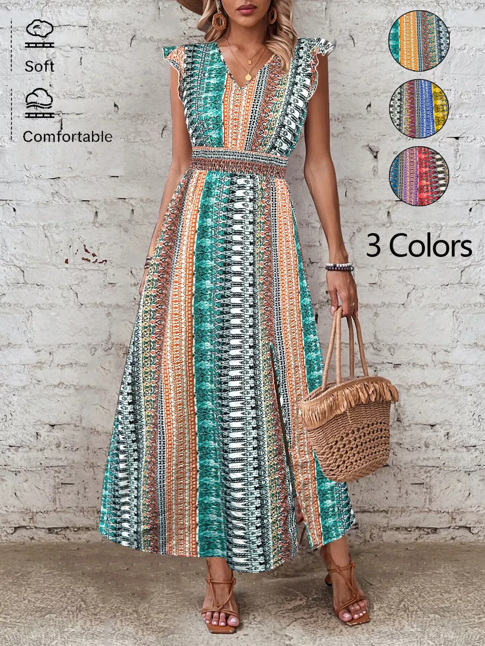 Boho Print Ruffle Sleeve Slit Dress, image 11
