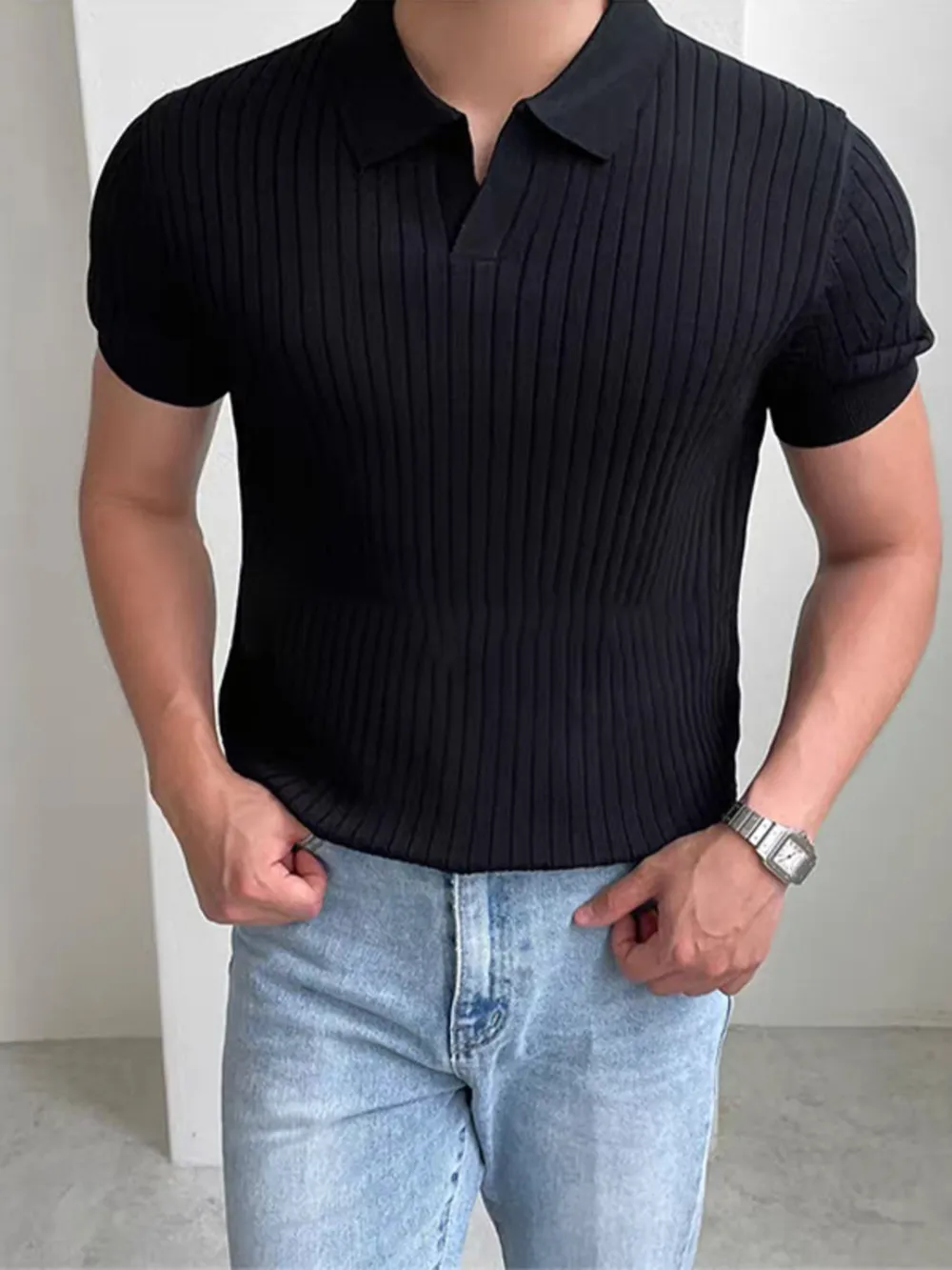 Men's Full Size Ribbed Short Sleeve Polo Plus Size, image 2