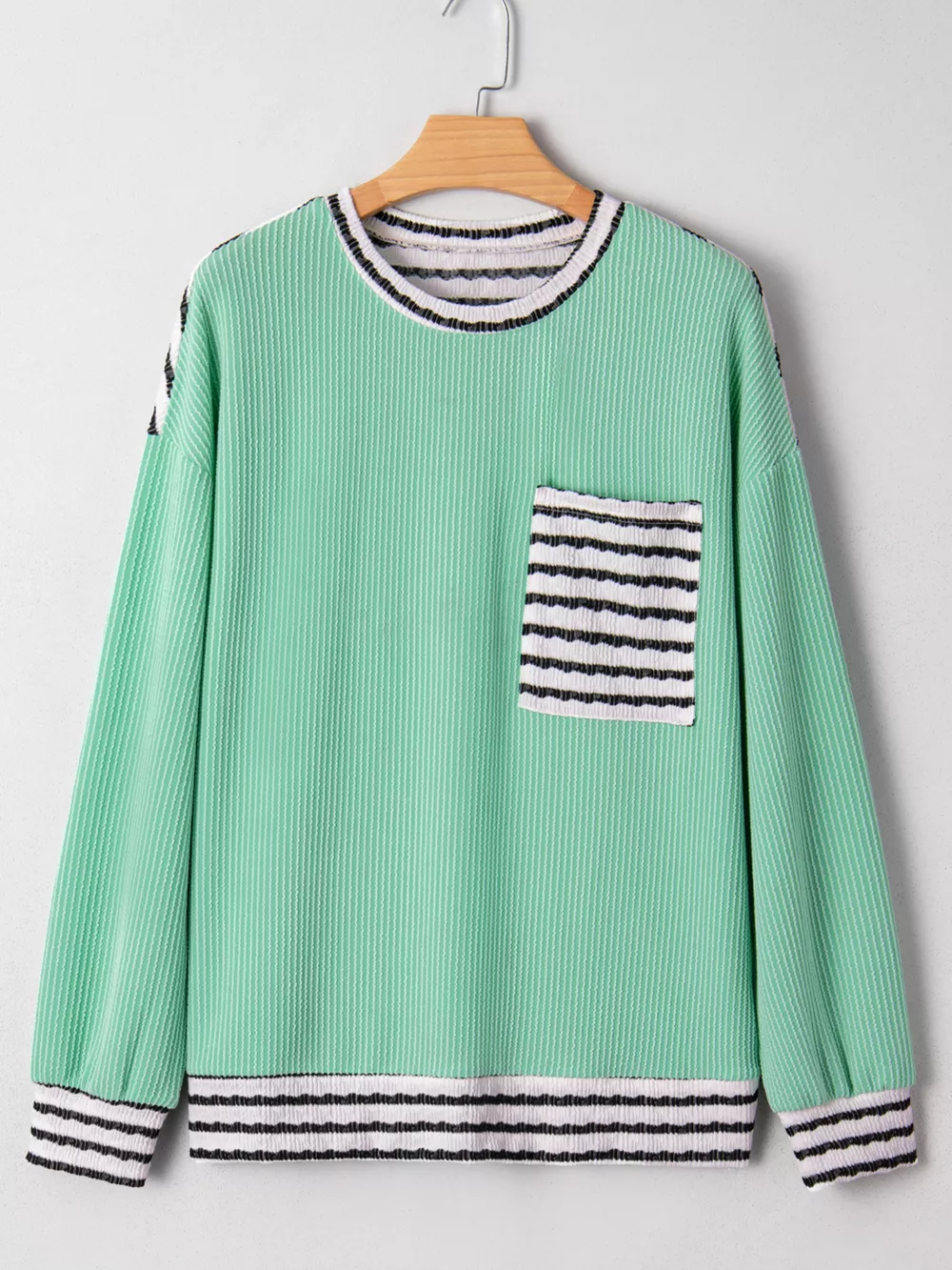 Twisted Ribbed Contrast Round Neck Striped Patchwork Long Sleeve Top, image 2