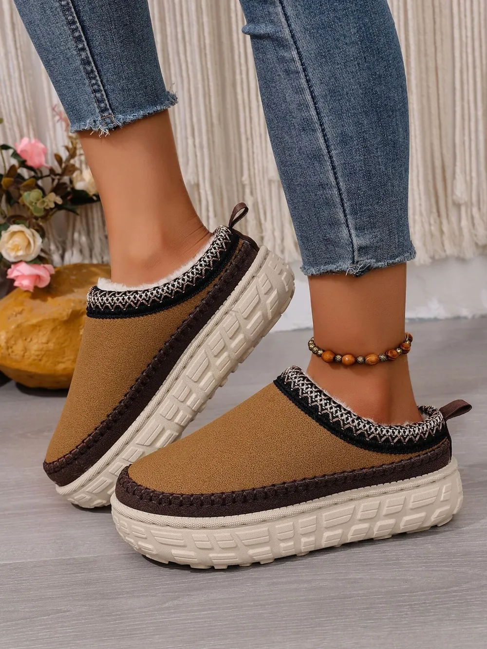 Embroidered Trim Round Toe Platform Boots, image 12