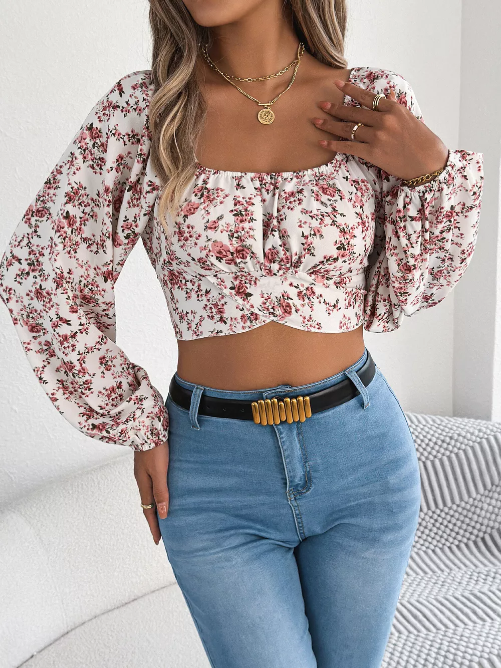 Floral Balloon Sleeve Square Neck Crop Blouse, image 5