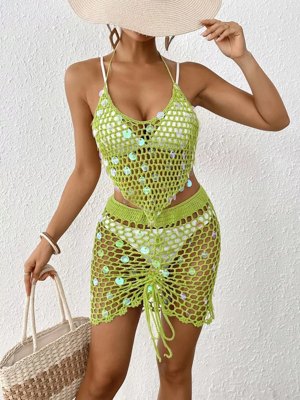 Halter Neck Crochet Knit Top and Skirt Cover Up Set, image 3