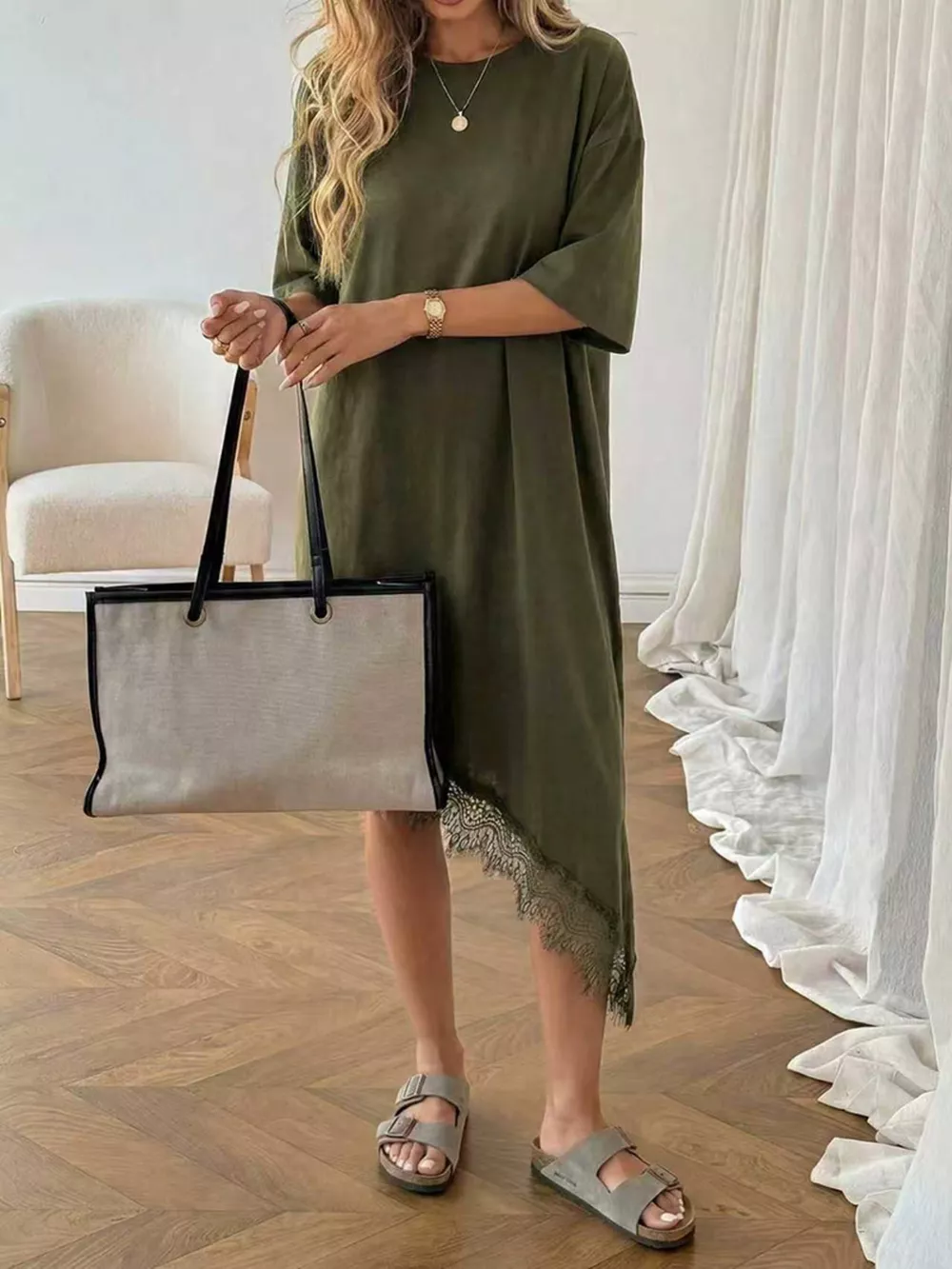 Lace Trim Asymmetrical Hem T-shirt Dress, image 14