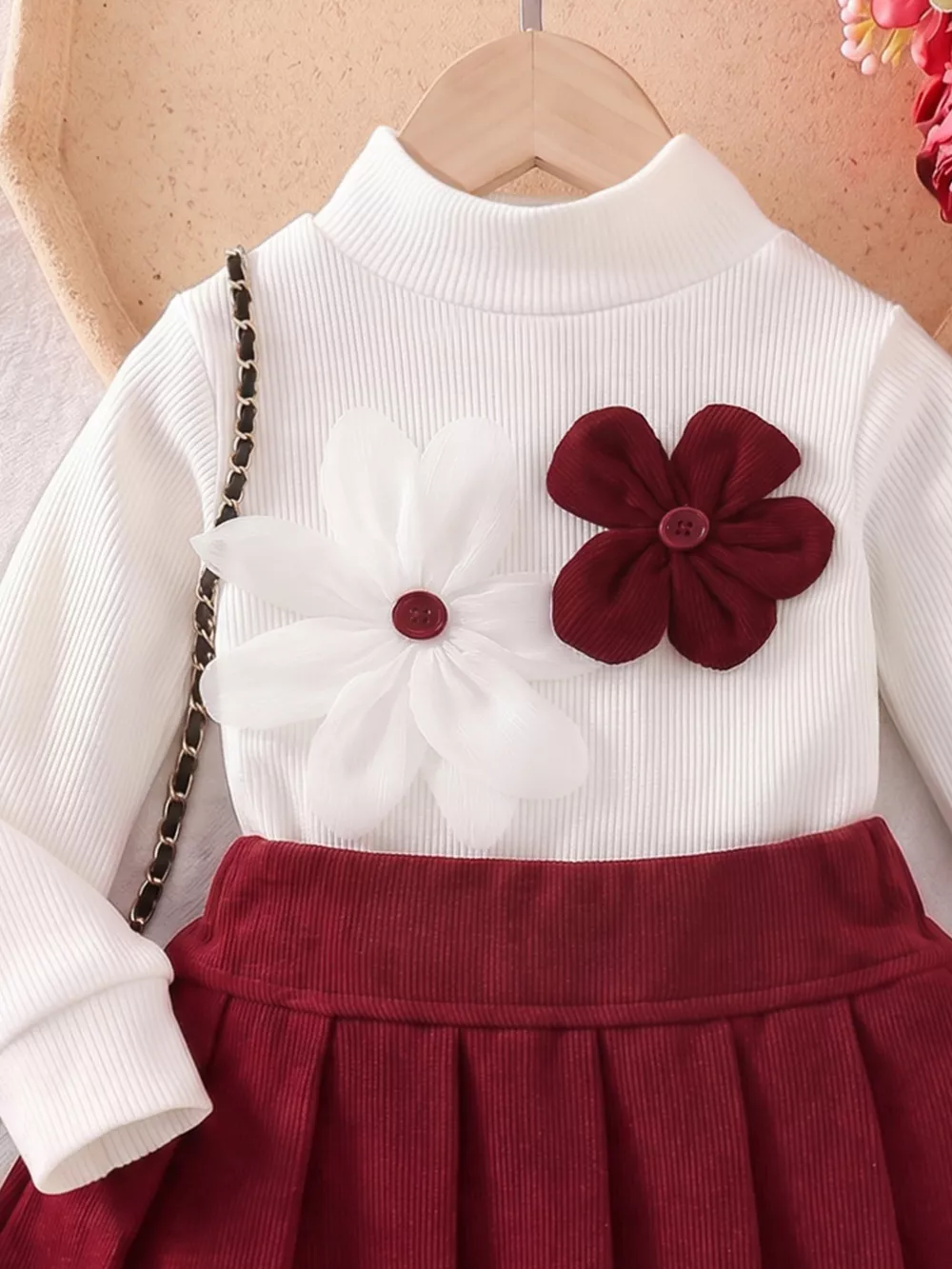 Children's Floral Applique Mock Neck Top and Pleated Skirt Set, image 2