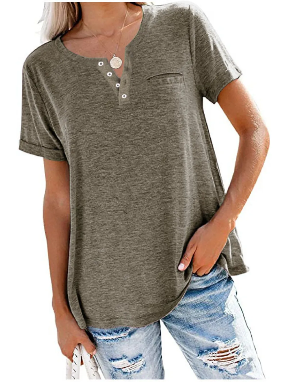 Full Size Notched Short Sleeve T-Shirt Plus Size, image 15